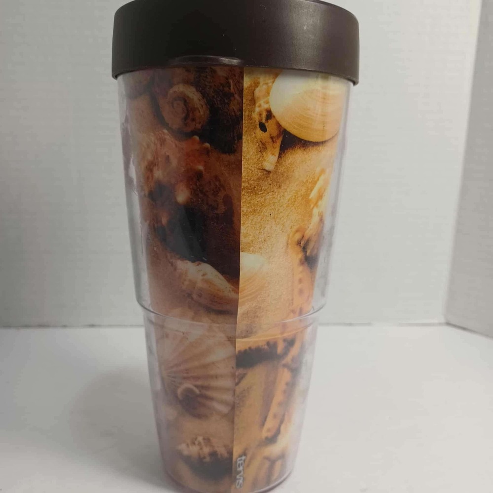 Tervis 24oz Tumbler I Love The Beach Seashells‎ Sand Insulated Brown Lid USA